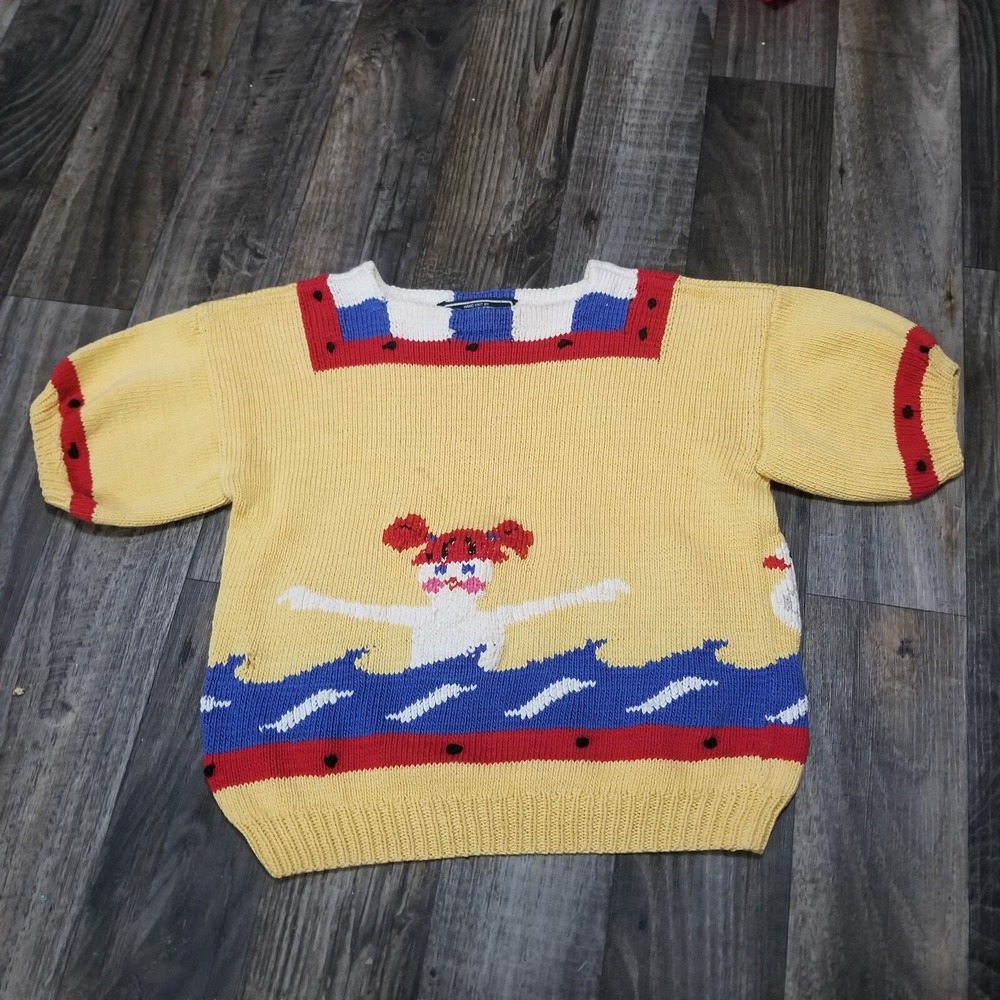 Vintage 80s Berek Swimming Crop Top Cropped Short Sleeve Sweater Handknit Small